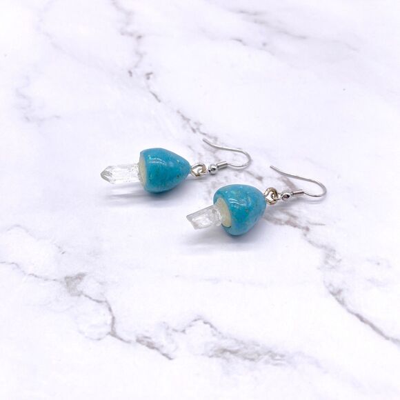Blue Mushroom Quartz Crystal Dangle wire hook polymer Clay Earrings - Picture 7 of 10